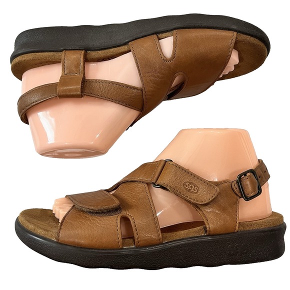 SAS Huggy Sandal Shoes Women US 8.5 N EU 39 Leather Ankle Strap Comfort Cognac - Picture 1 of 10